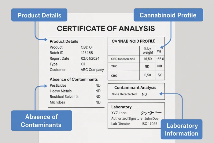 How To Choose High-Quality CBD: Red Flags, Lab Tests, & Expert Buying Tips 2 A sample Certificate of Analysis image (annotated) for cbd products