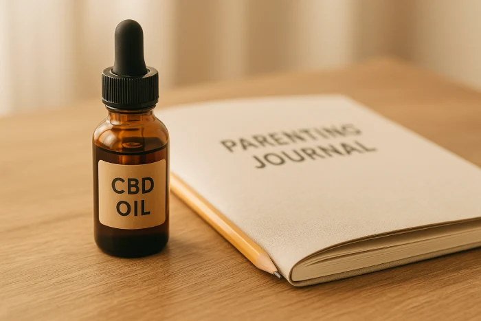 CBD oil bottle next to a parenting journal